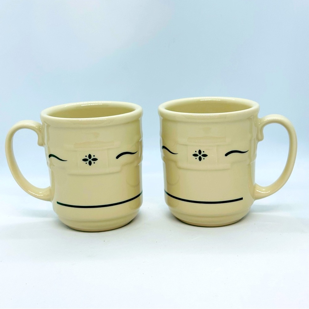 Set of 2 Longaberger Woven Traditions Pottery Heritage Green Coffee Cup Mugs USA